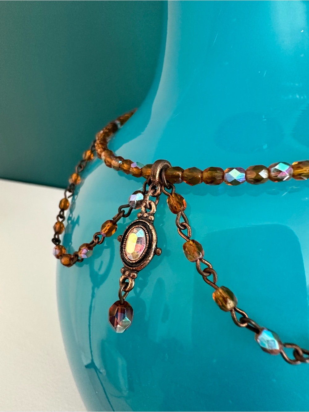 Vintage-Inspired Art Nouveau Deco  Amber colored Beaded Pendant Choker Necklace - Picture 2 of 4